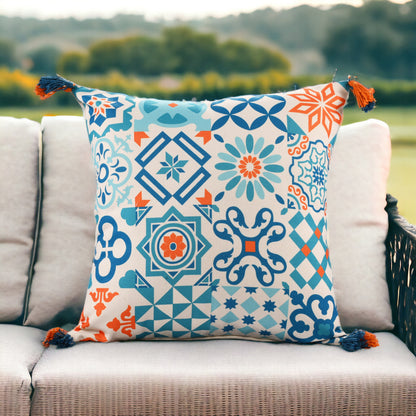 20" X 20" Blue Zippered Geometric Indoor Outdoor Throw Pillow