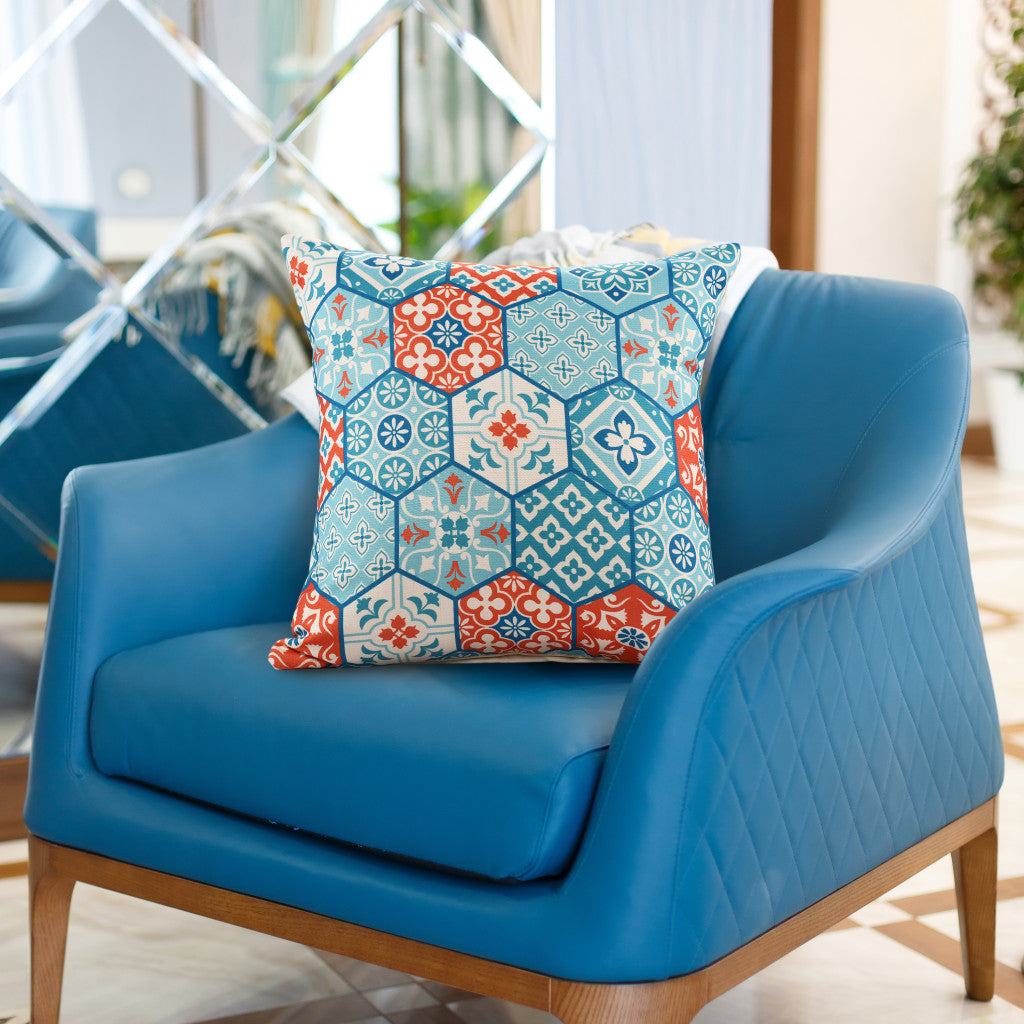 20" X 20" Blue Zippered Patchwork Indoor Outdoor Throw Pillow