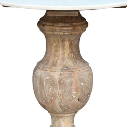 26" Brown Marble And Solid Wood Round End Table