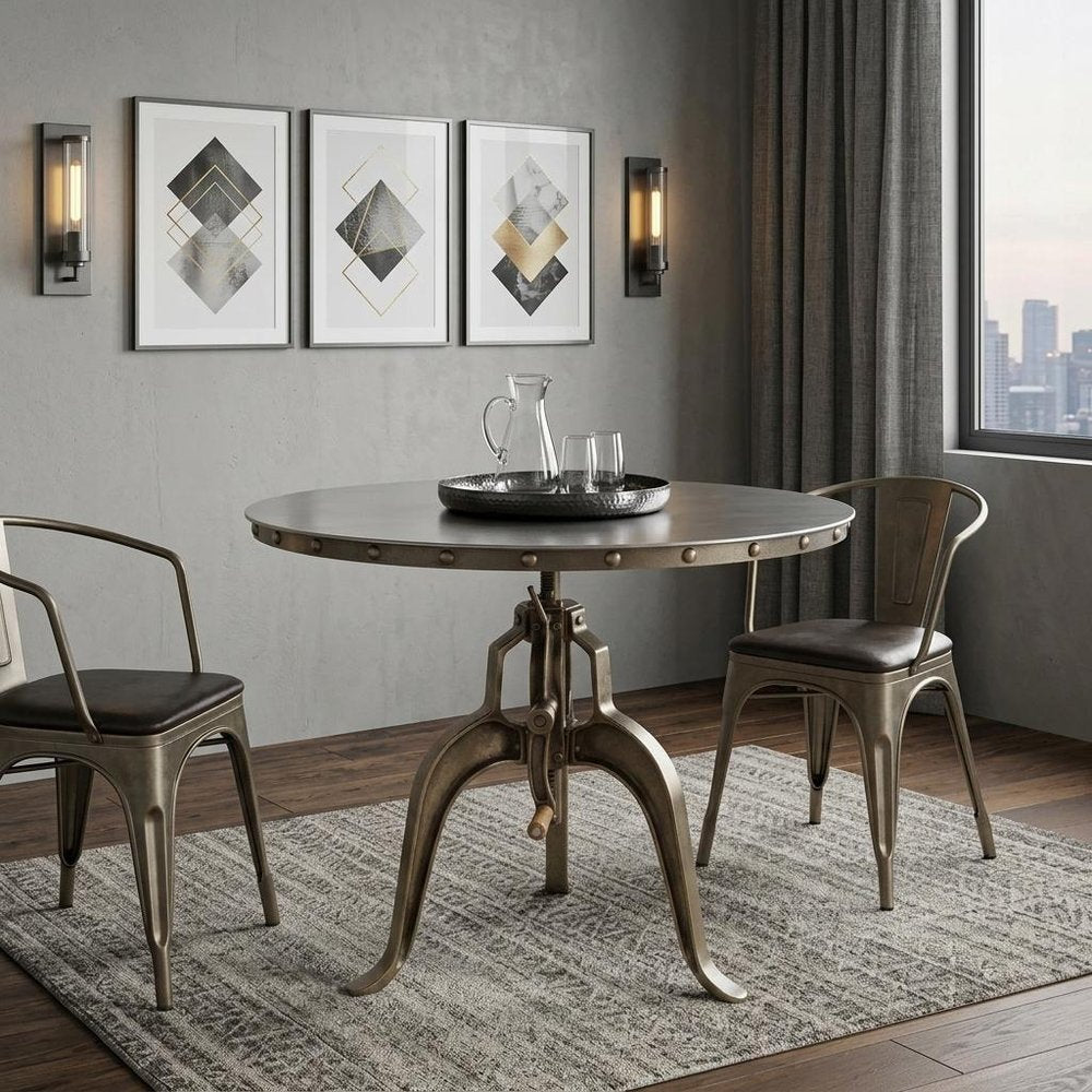 Adjustable Height Antiqued Nickel Three Leg Base Round Top Dining Table