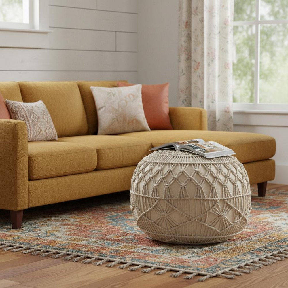 20" Cream Cotton Tufted Round Geometric Pouf Ottoman