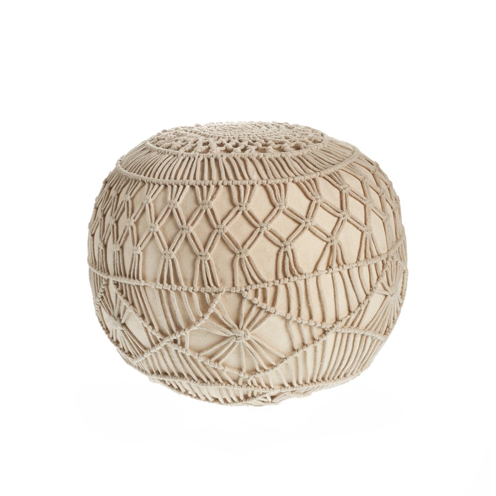 20" Cream Cotton Tufted Round Geometric Pouf Ottoman