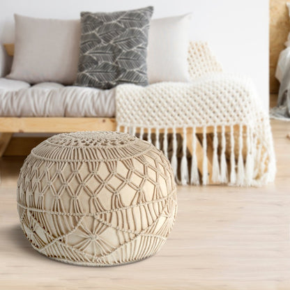 20" Cream Cotton Tufted Round Geometric Pouf Ottoman