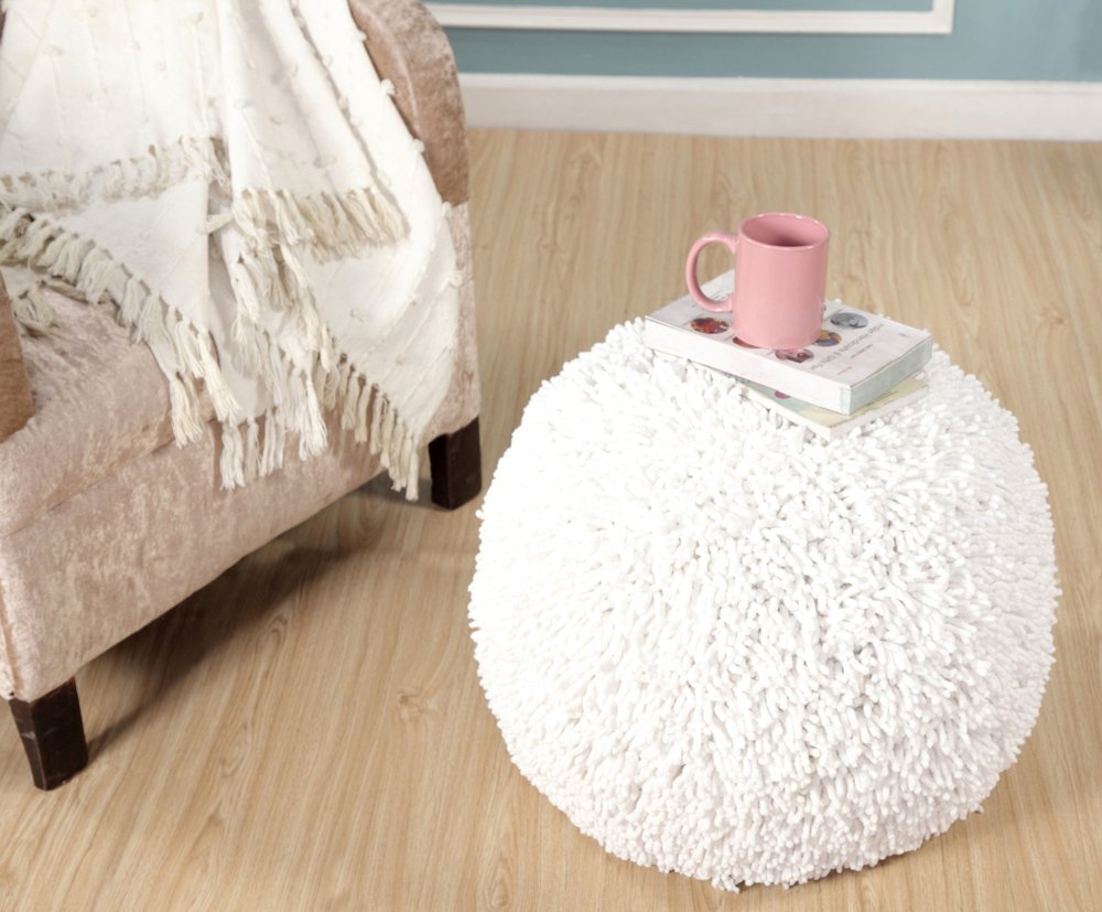 20" Cream Cotton Tufted Round Geometric Pouf Ottoman