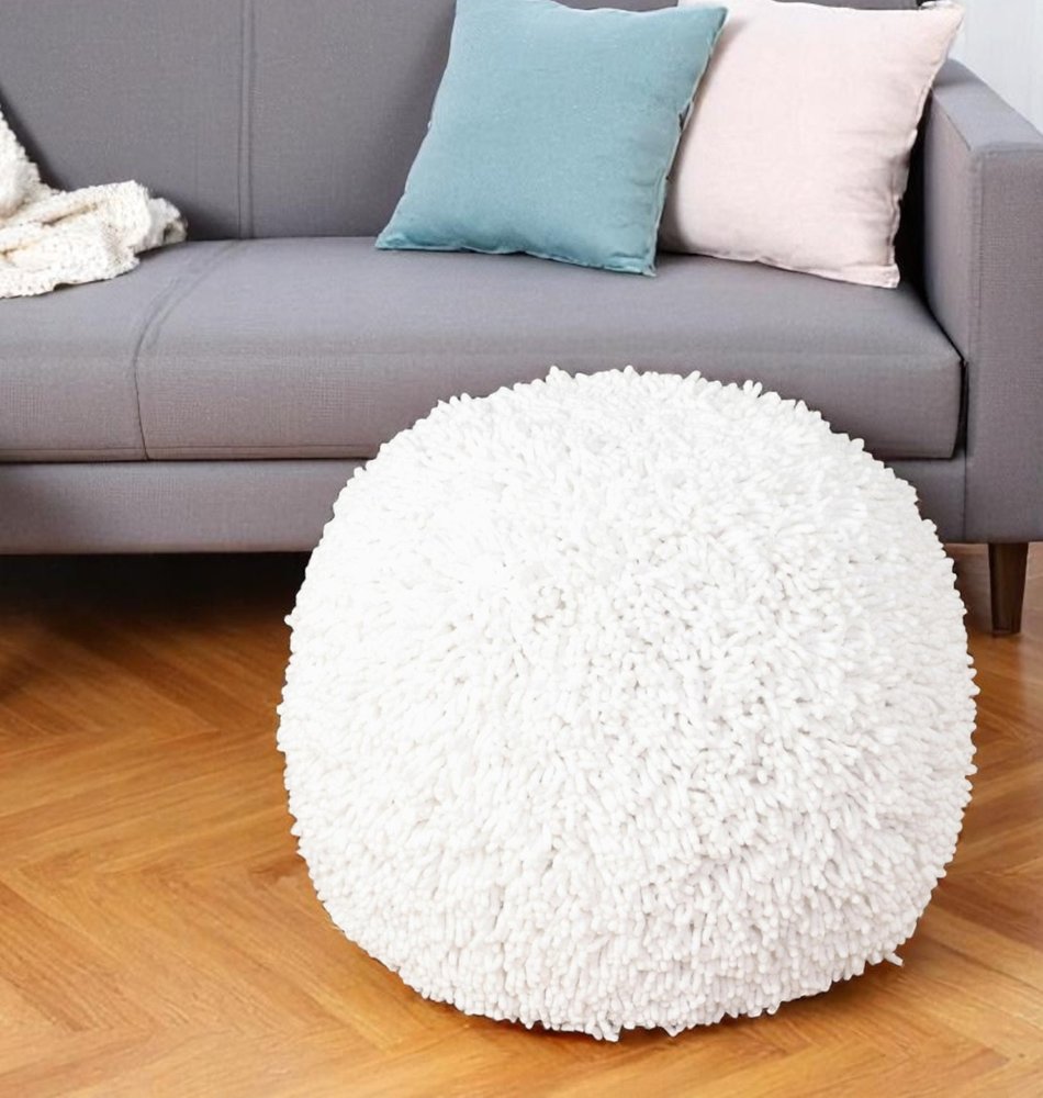 20" Cream Cotton Tufted Round Geometric Pouf Ottoman