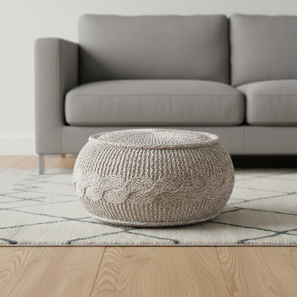 20" Beige Cotton Geometric Round Pouf Ottoman