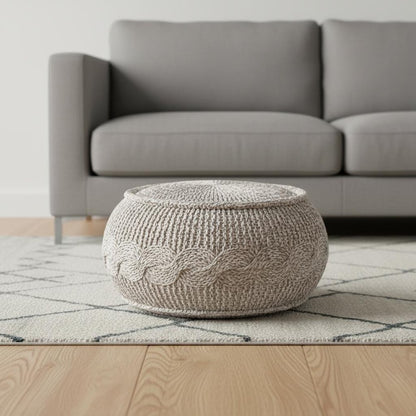 20" Beige Cotton Geometric Round Pouf Ottoman