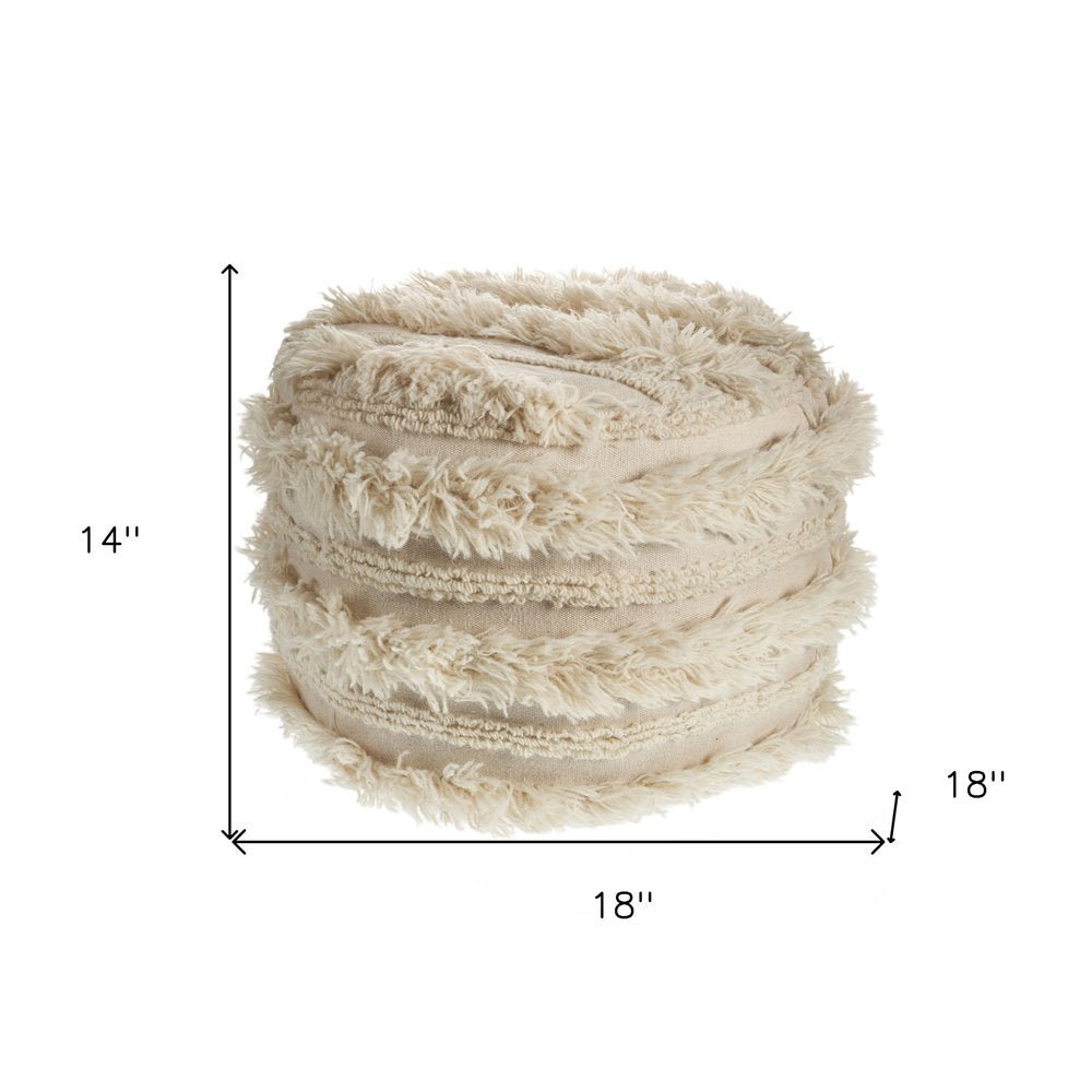 18" Ivory Cotton Striped Round Pouf Ottoman