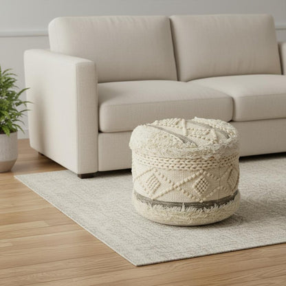18" Cream Wool Cotton Blend Geometric Round Pouf Ottoman