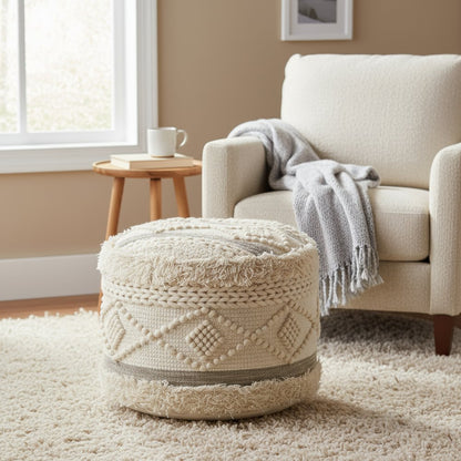 18" Cream Wool Cotton Blend Round Geometric Pouf Ottoman