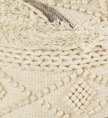 18" Cream Wool Cotton Blend Round Geometric Pouf Ottoman