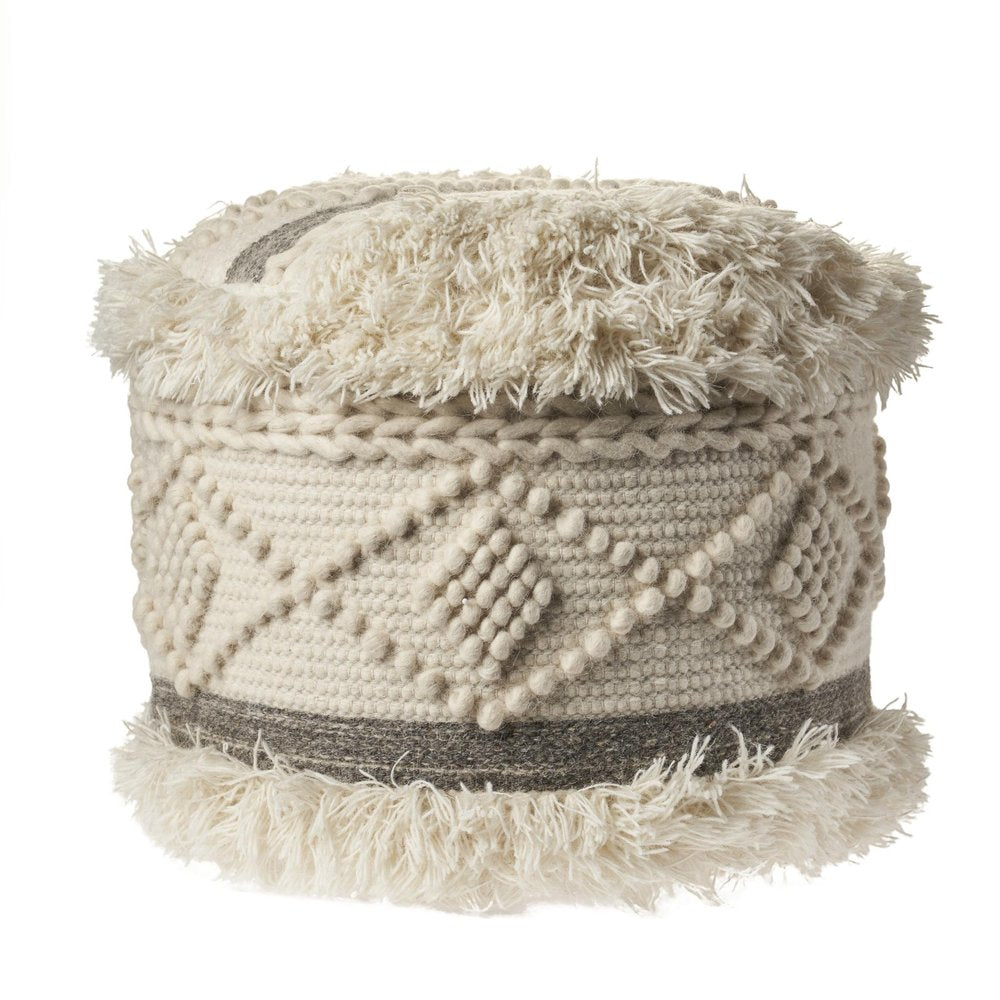 18" Cream Wool Cotton Blend Geometric Round Pouf Ottoman