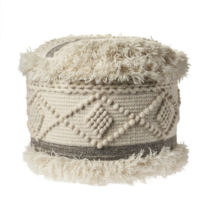 18" Cream Wool Cotton Blend Geometric Round Pouf Ottoman