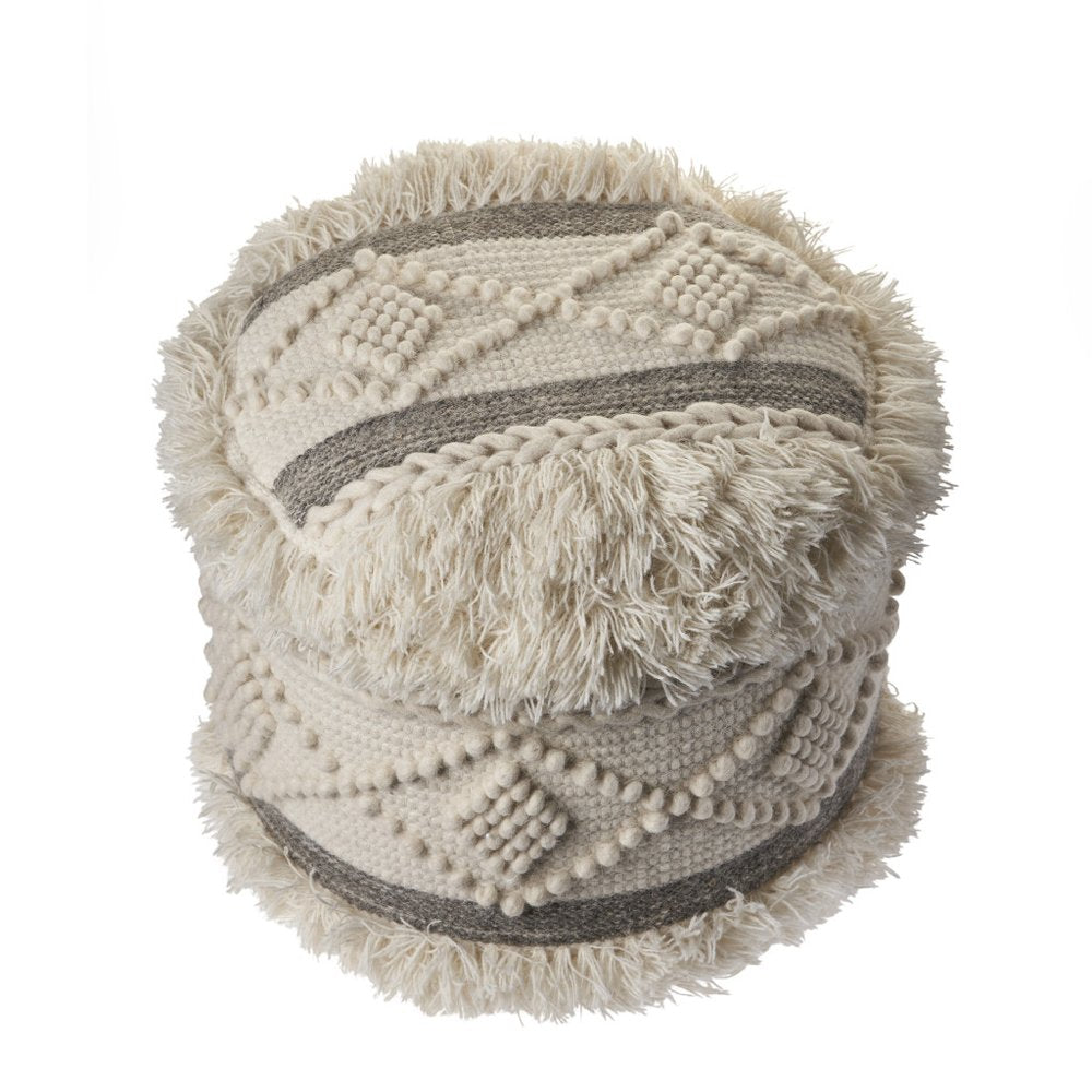 18" Cream Wool Cotton Blend Round Geometric Pouf Ottoman