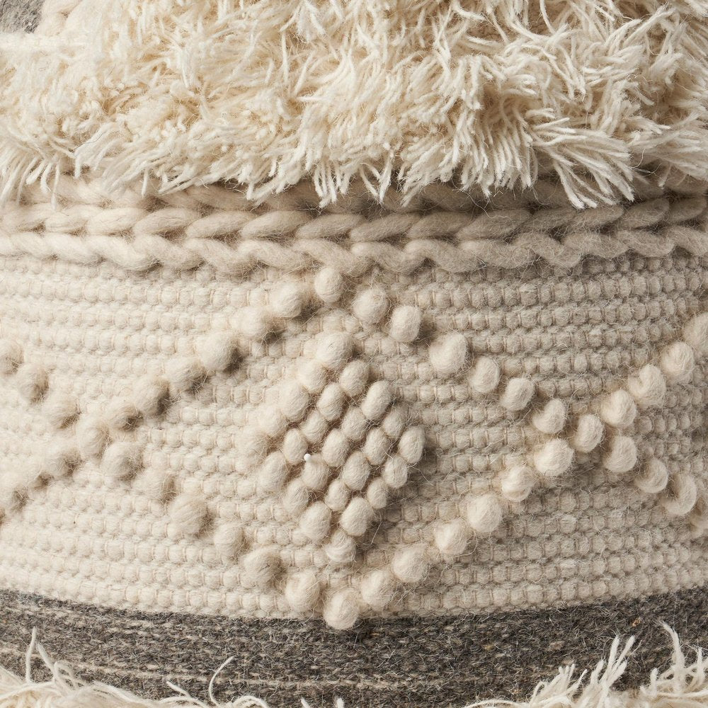 18" Cream Wool Cotton Blend Geometric Round Pouf Ottoman