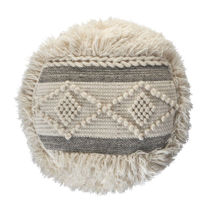 18" Cream Wool Cotton Blend Round Geometric Pouf Ottoman