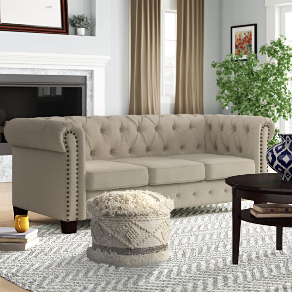 18" Cream Wool Cotton Blend Geometric Round Pouf Ottoman