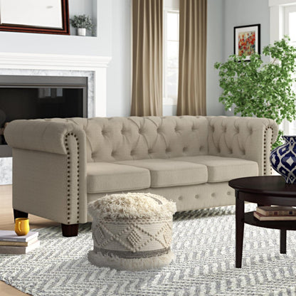 18" Cream Wool Cotton Blend Geometric Round Pouf Ottoman