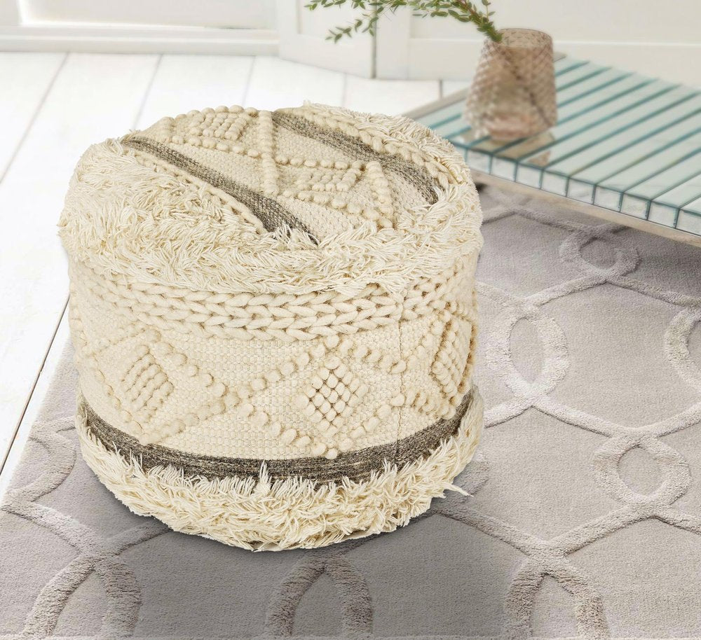 18" Cream Wool Cotton Blend Geometric Round Pouf Ottoman