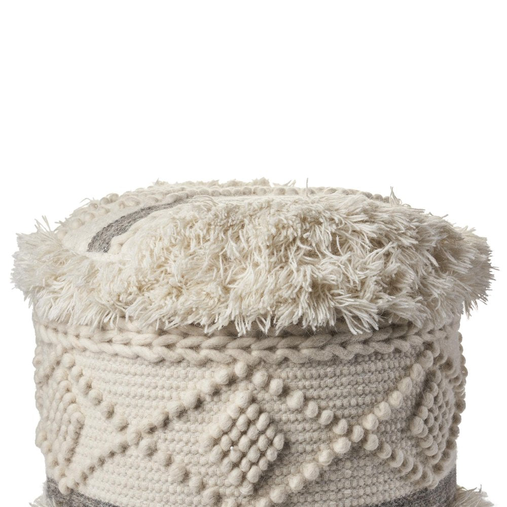 18" Cream Wool Cotton Blend Geometric Round Pouf Ottoman