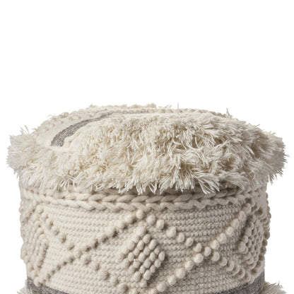 18" Cream Wool Cotton Blend Geometric Round Pouf Ottoman