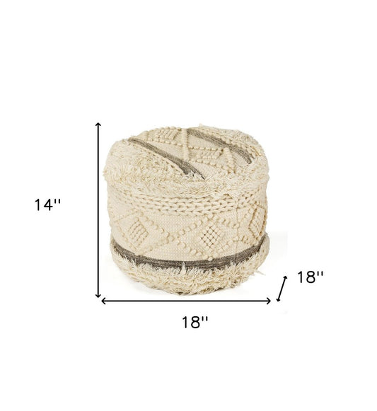 18" Cream Wool Cotton Blend Geometric Round Pouf Ottoman
