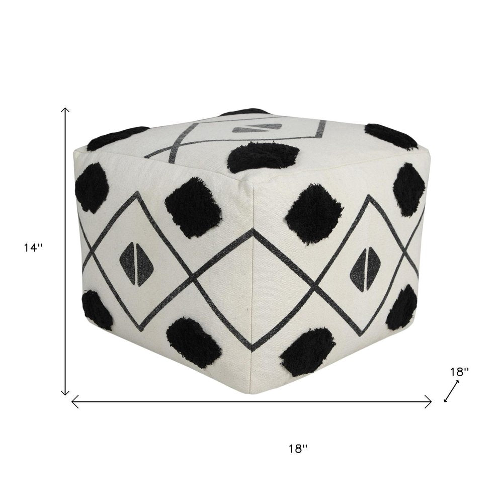 18" White Cotton Geometric Pouf Ottoman