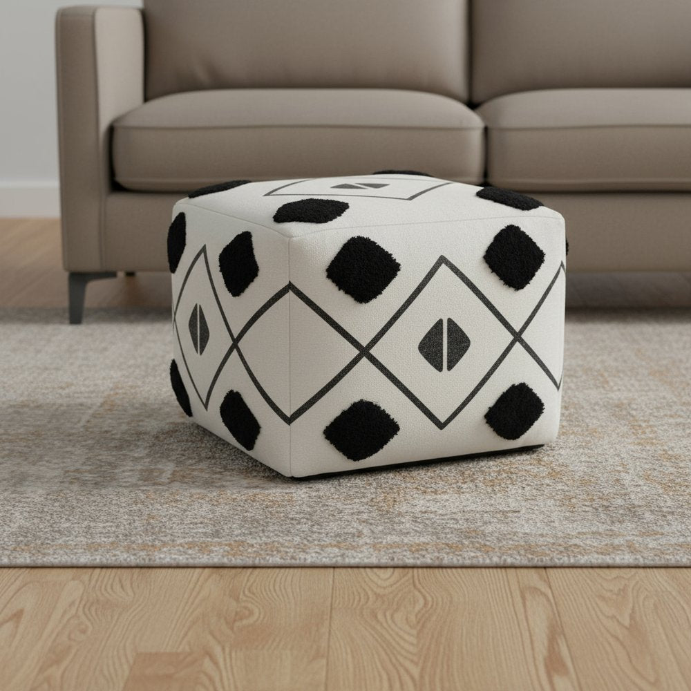 18" White Cotton Geometric Pouf Ottoman