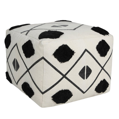 18" White Cotton Geometric Pouf Ottoman