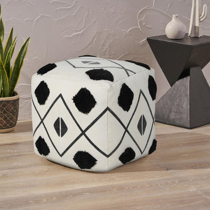 18" White Cotton Geometric Pouf Ottoman