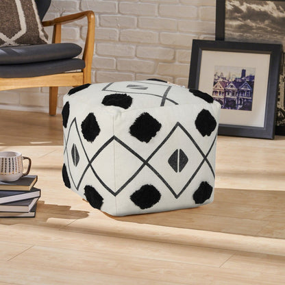 18" White Cotton Geometric Pouf Ottoman