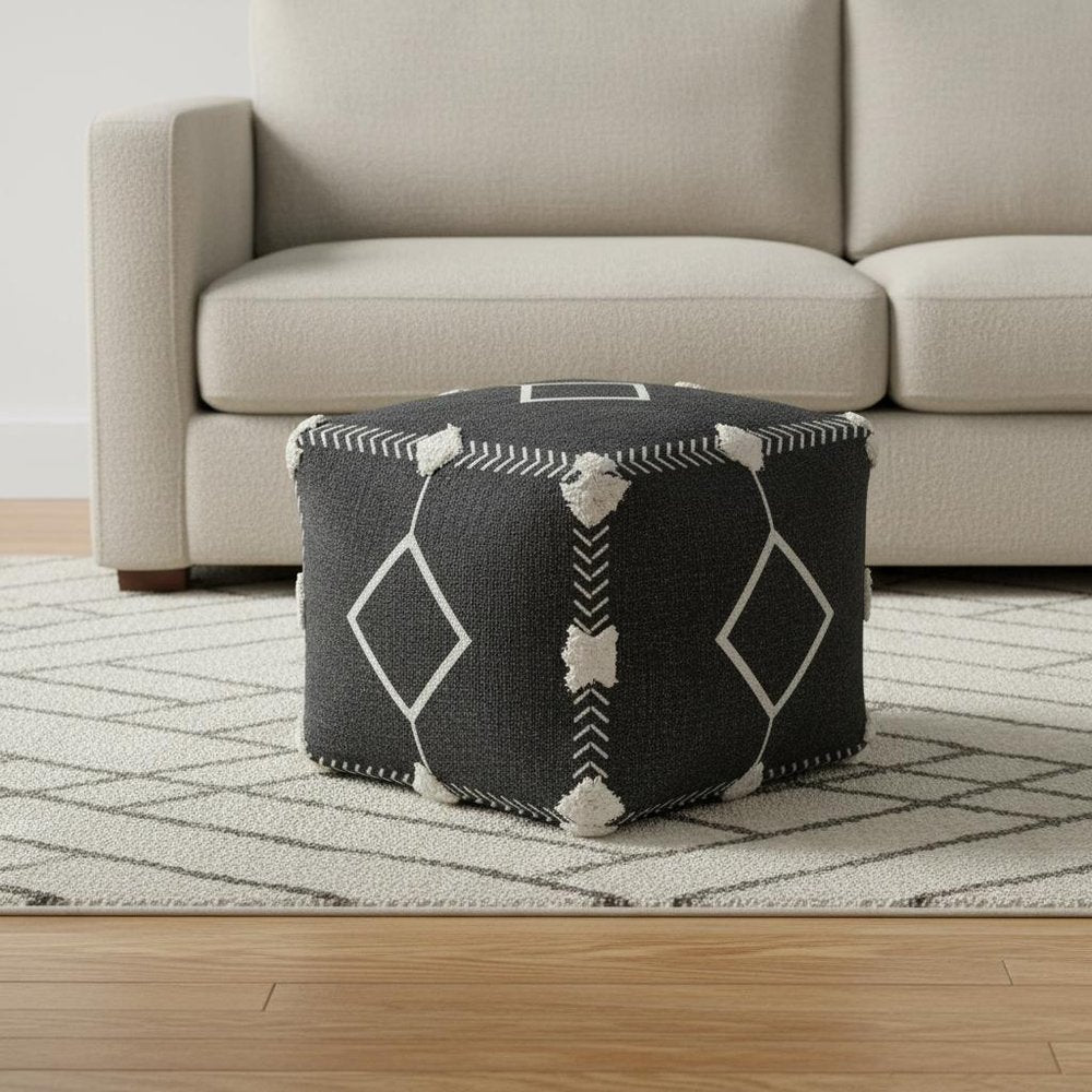 18" Black Cotton Geometric Pouf Ottoman