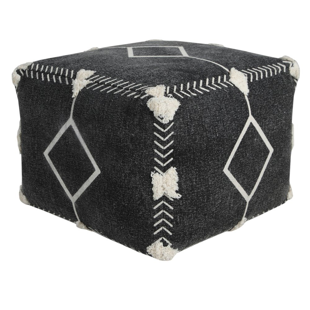 18" Black Cotton Geometric Pouf Ottoman