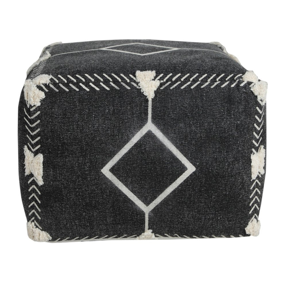 18" Black Cotton Geometric Pouf Ottoman