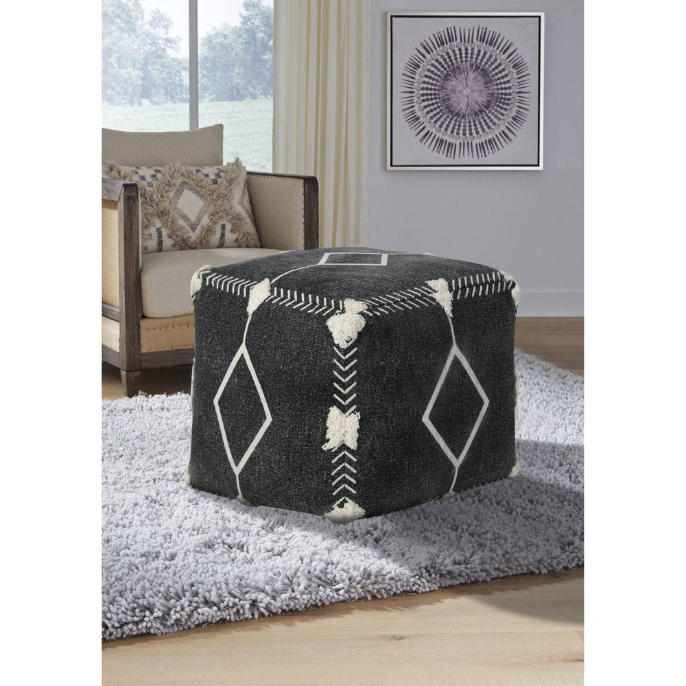 18" Black Cotton Geometric Pouf Ottoman