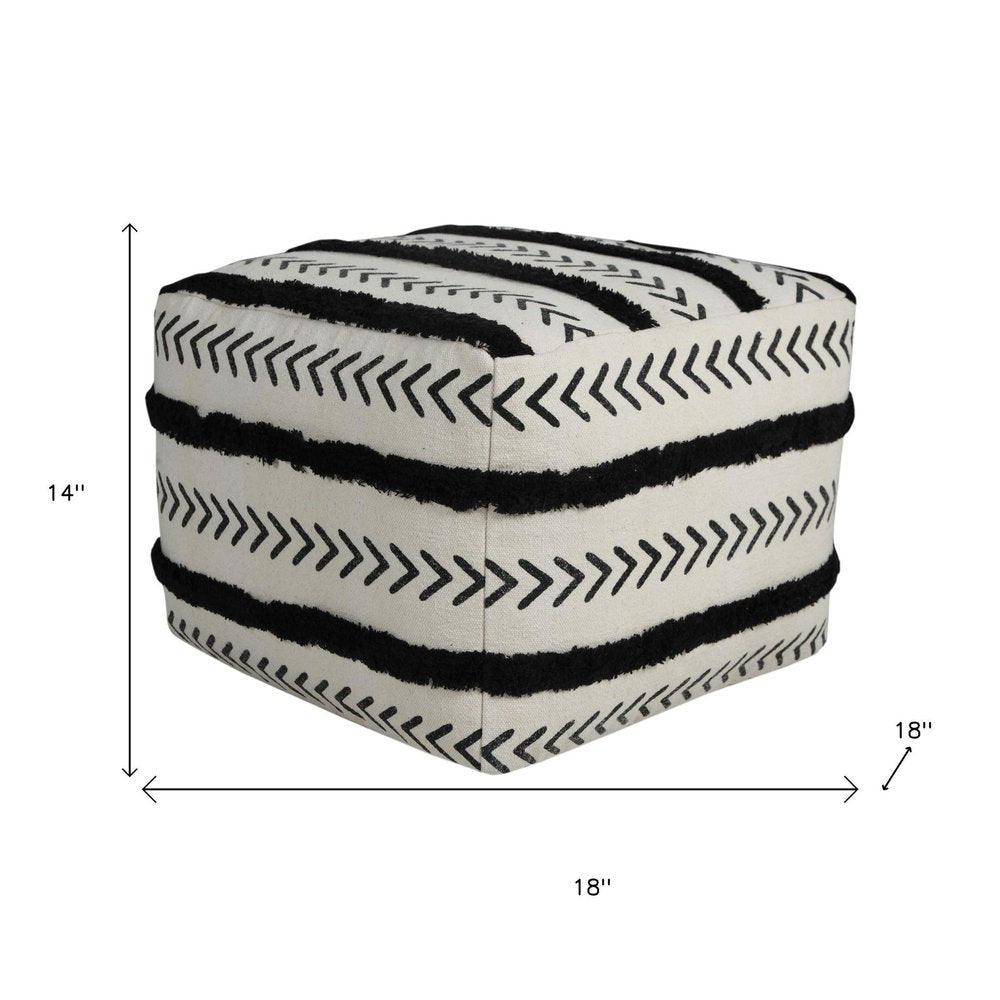 18" White Cotton Striped Pouf Ottoman