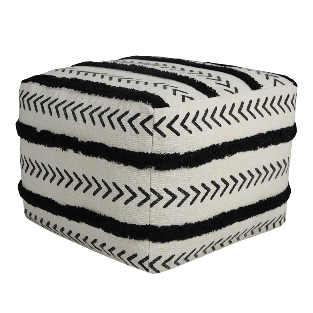 18" White Cotton Striped Pouf Ottoman