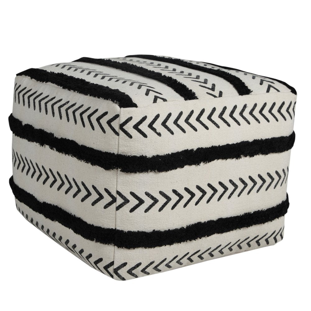 18" White Cotton Striped Pouf Ottoman