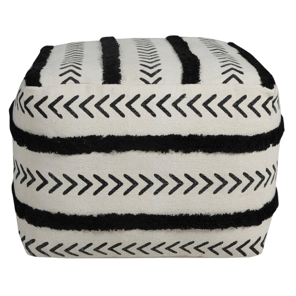 18" White Cotton Striped Pouf Ottoman