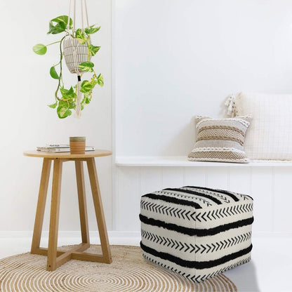 18" White Cotton Striped Pouf Ottoman