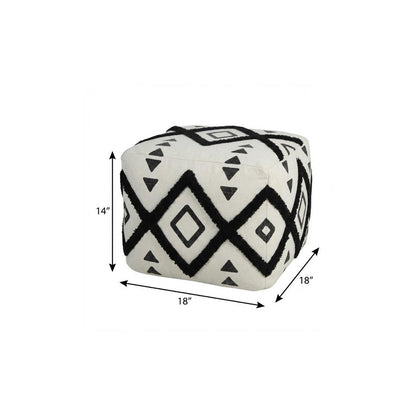 18" White Cotton Geometric Pouf Ottoman