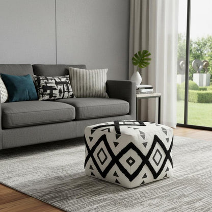 18" White Cotton Geometric Pouf Ottoman