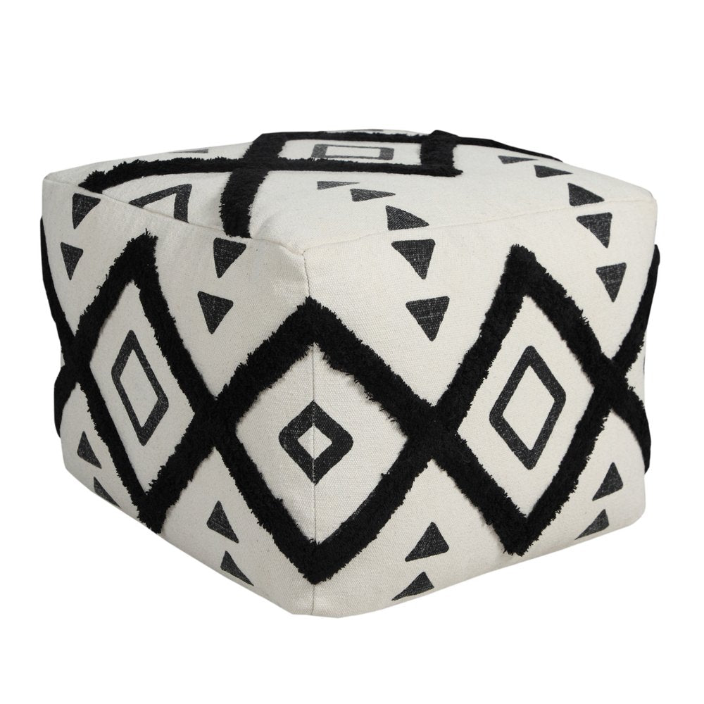 18" White Cotton Geometric Pouf Ottoman