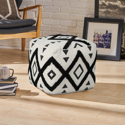 18" White Cotton Geometric Pouf Ottoman