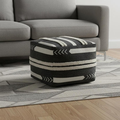 18" Black Cotton Geometric Pouf Ottoman