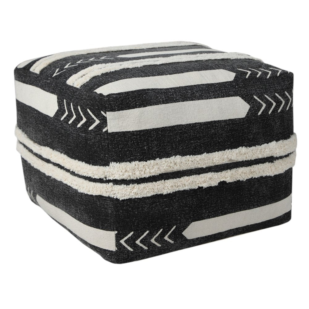 18" Black Cotton Geometric Pouf Ottoman