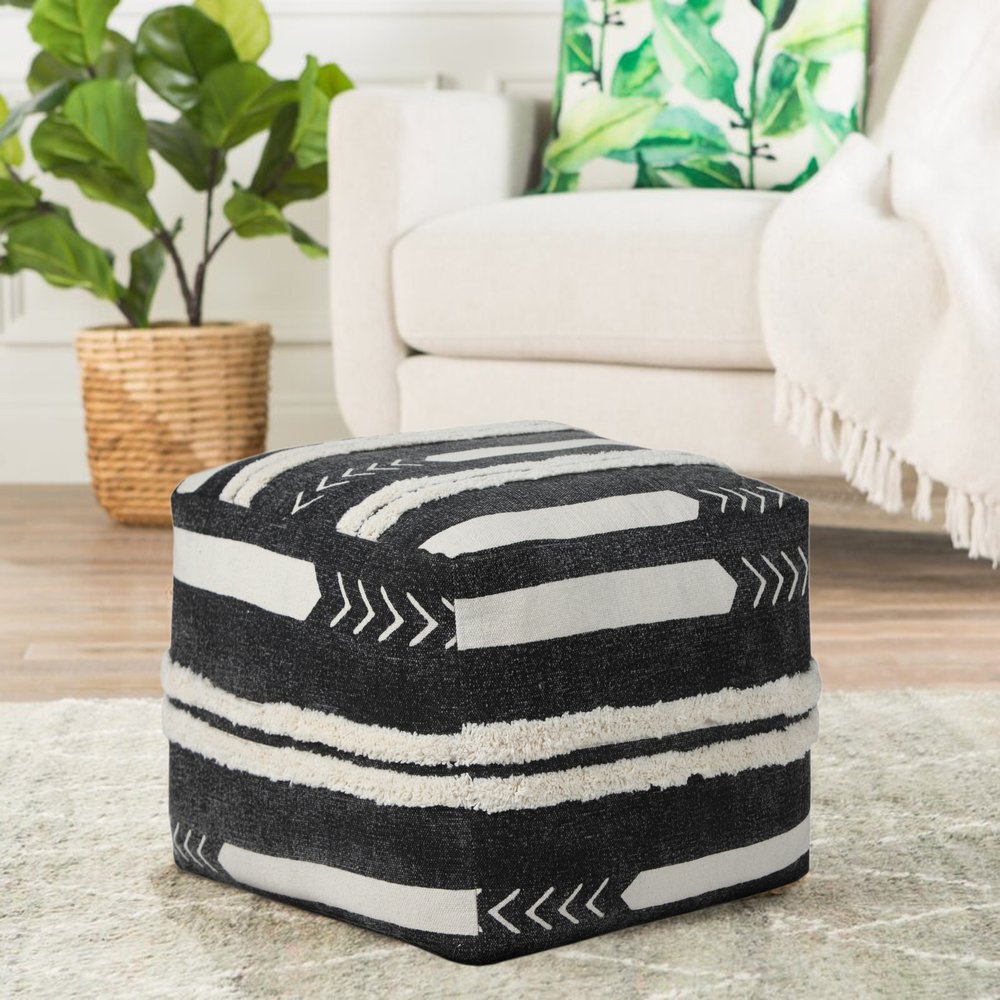 18" Black Cotton Geometric Pouf Ottoman