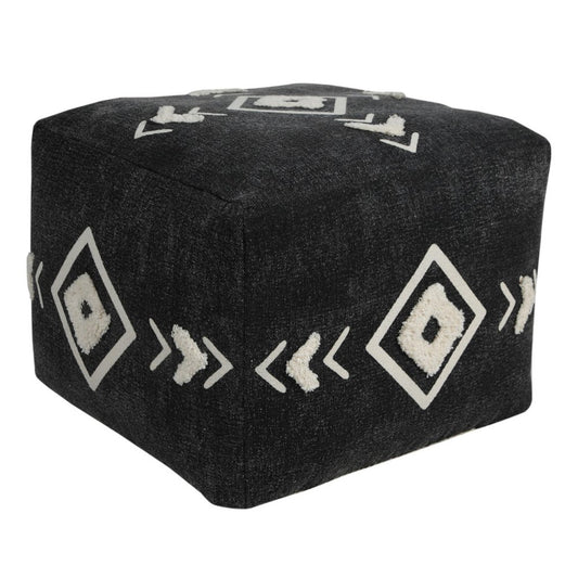 18" Black Cotton Geometric Pouf Ottoman