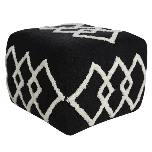 18" Black Cotton Geometric Pouf Ottoman