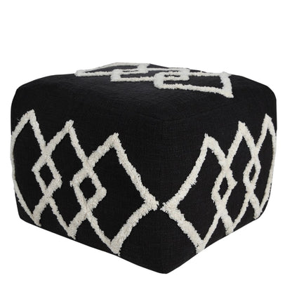 18" Black Cotton Geometric Pouf Ottoman